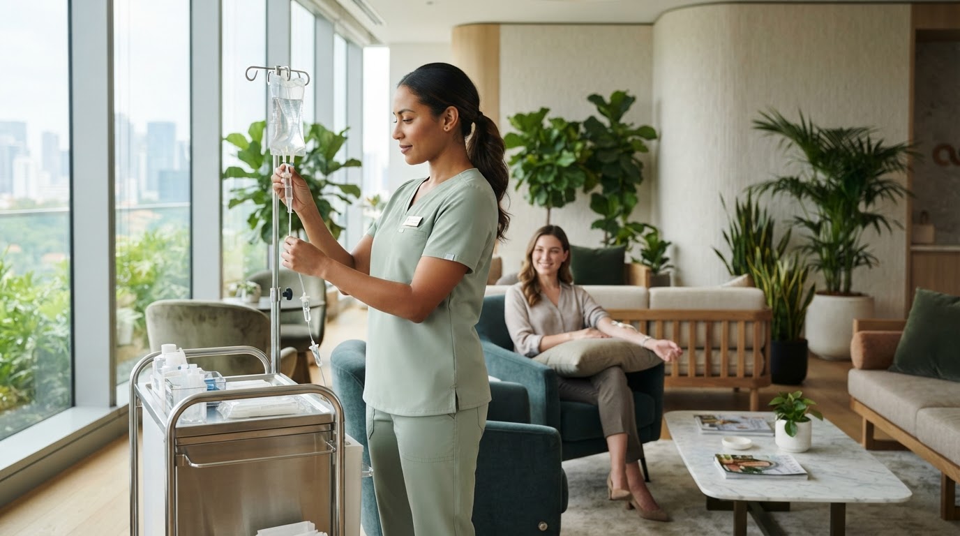 Professional nurse preparing mobile IV hydration in a modern corporate office lounge