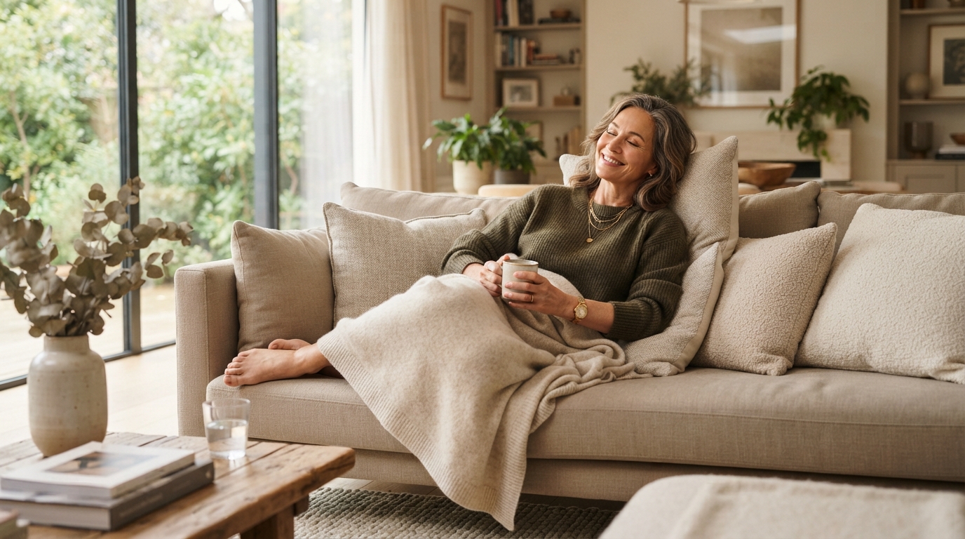 A confident woman around 50 years old resting peacefully in a bright modern home