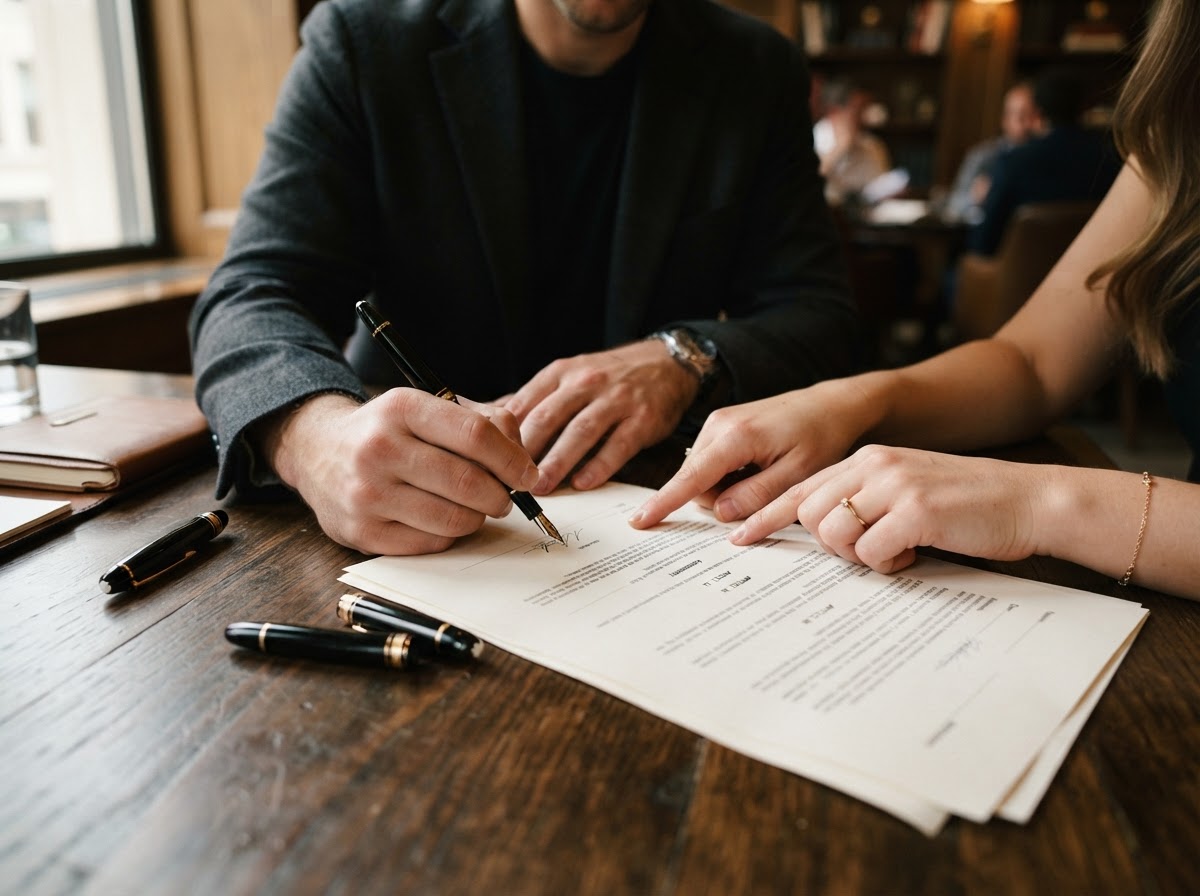 Close-up of hands reviewing and signing legal documents with a fountain pen