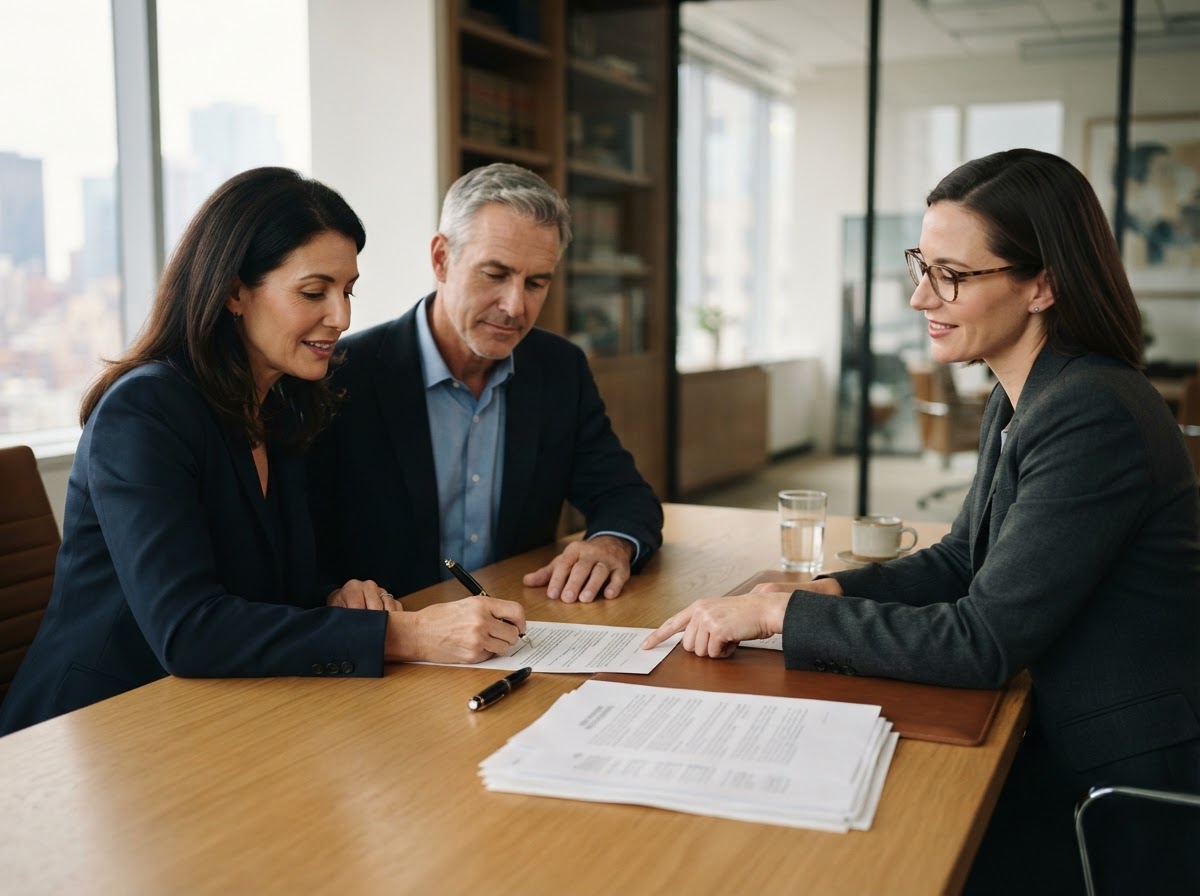 Two adults reviewing and signing an agreement with a lawyer at a desk