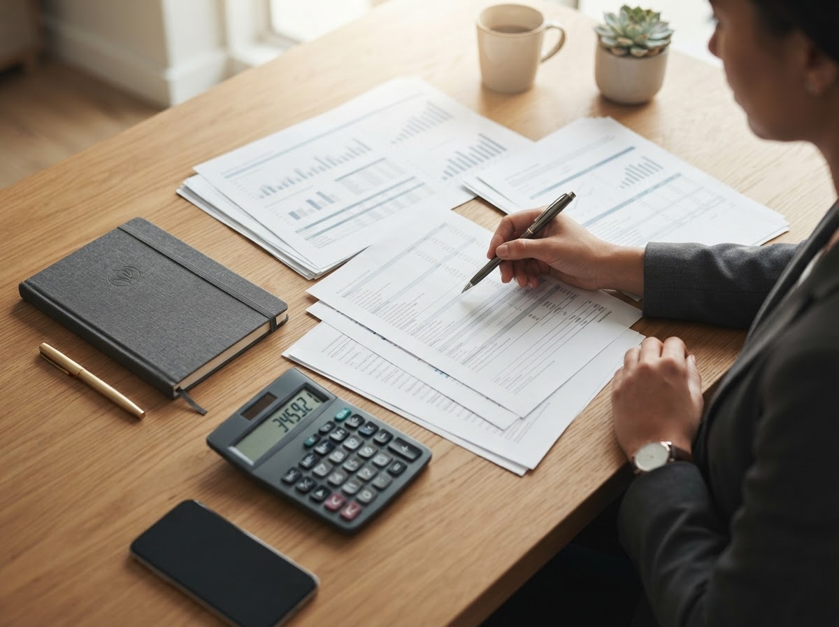Financial documents, a notebook and a calculator on a desk