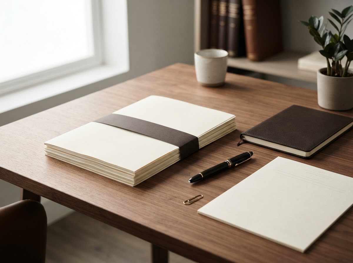 Legal stationery, a notebook, pen and documents on a desk
