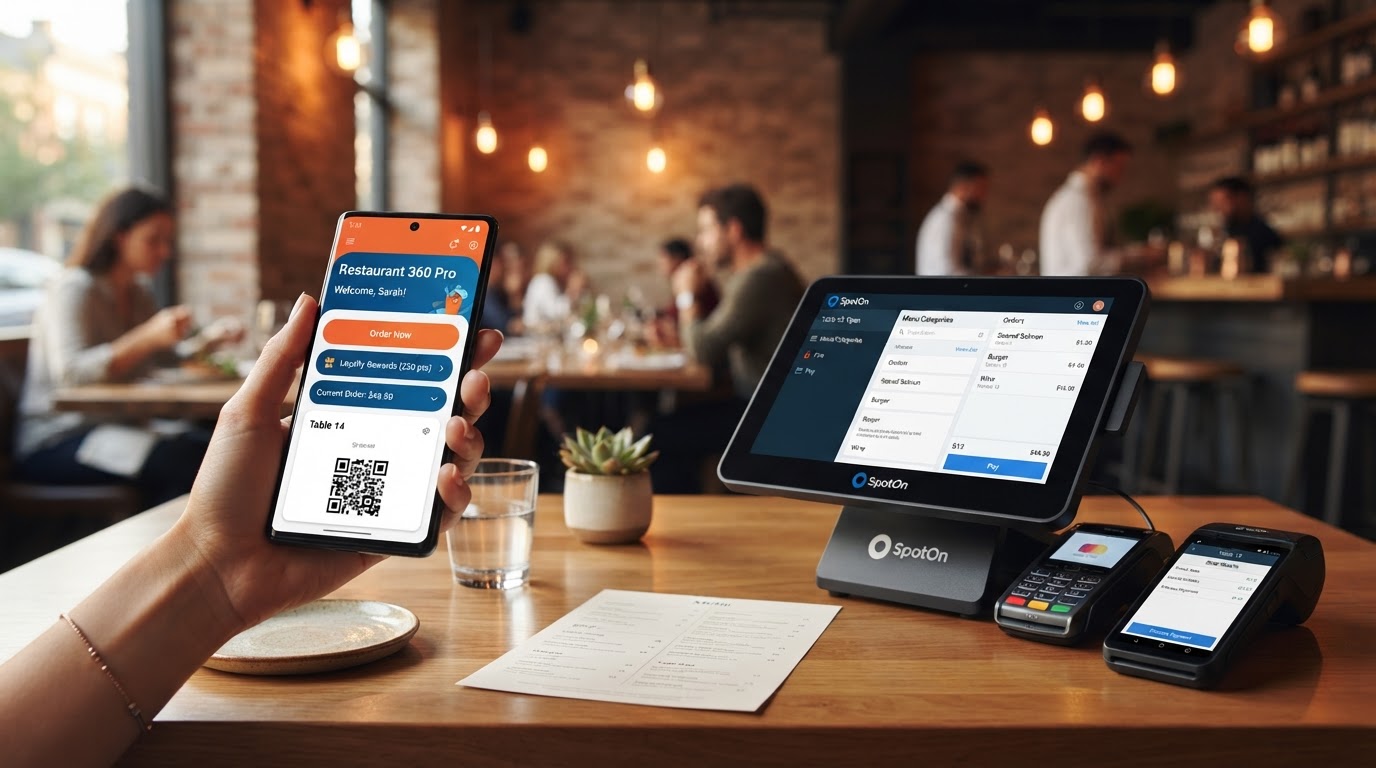 Restaurant 360 Pro App integrated with SpotOn POS terminal and mobile ordering