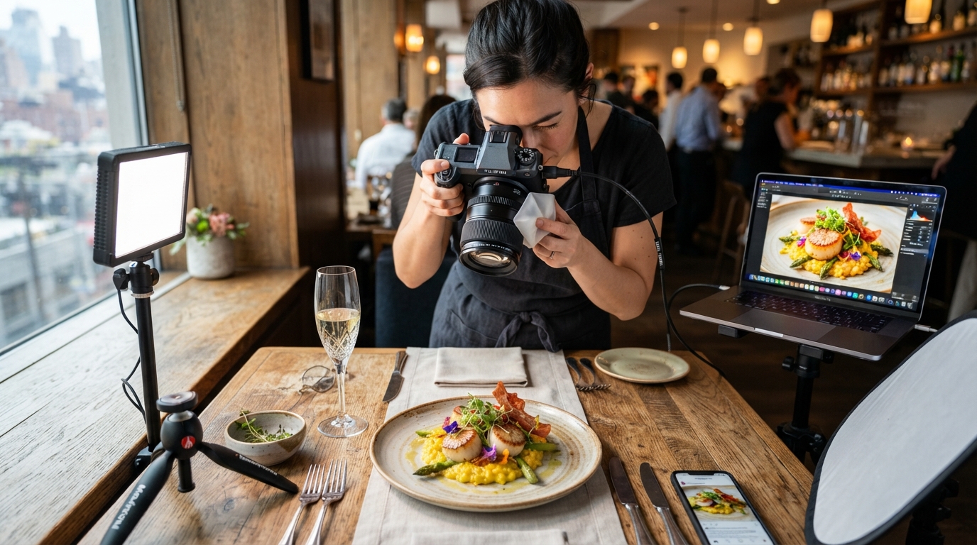 Food photographer capturing a plated restaurant dish for marketing content