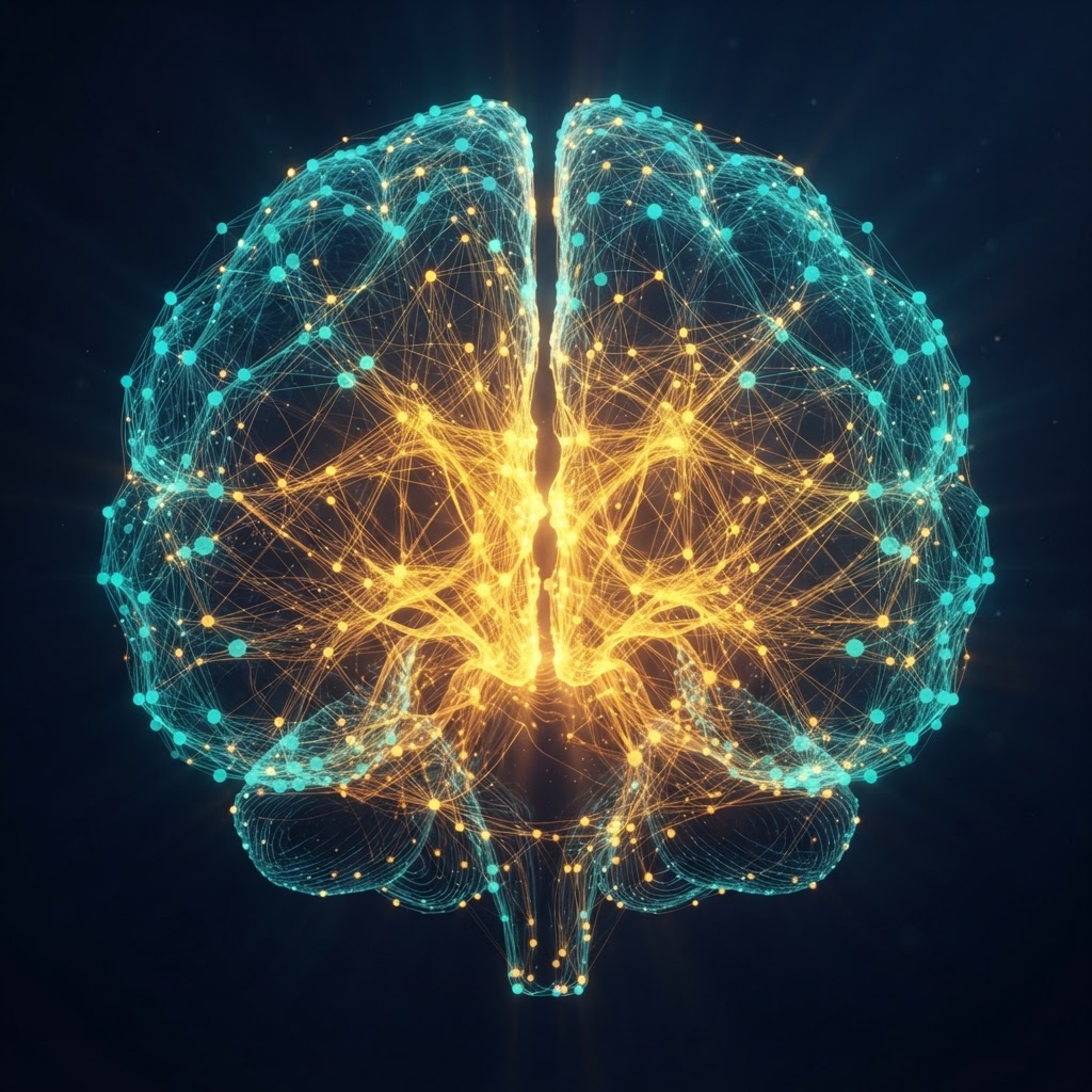 Neural network brain visualization with gold and teal glowing interconnected nodes