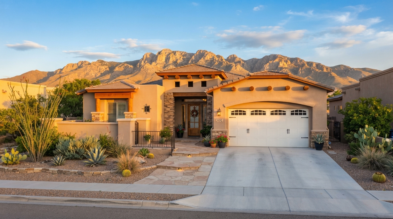 Modern home with carriage-style garage door in Las Cruces