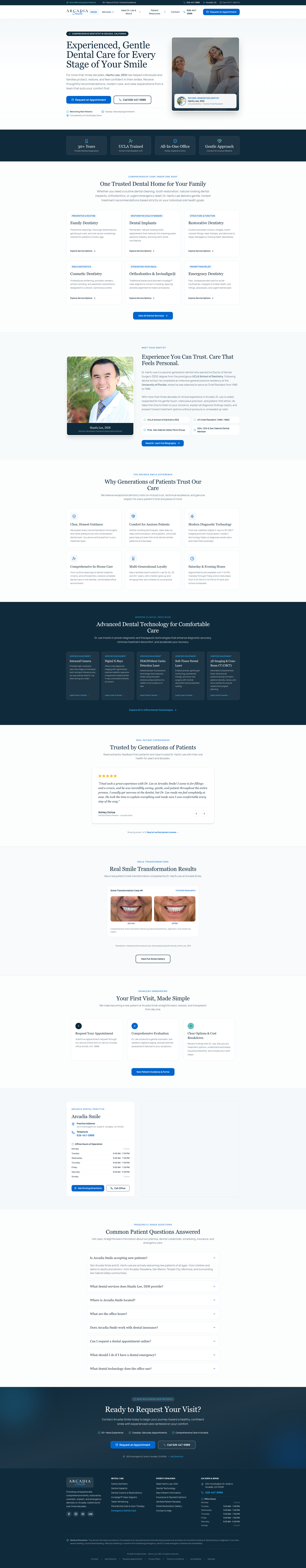 Desktop preview of Arcadia Smile website rebuilt for Dr. Hanfu Lee, DDS