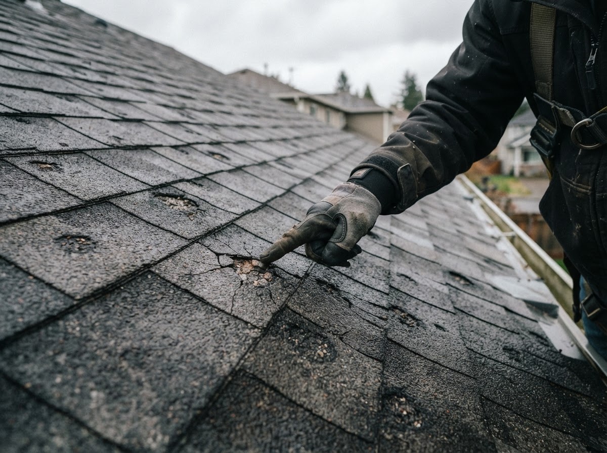 Professional roofing contractor inspecting hail-damaged asphalt shingles on a residential roof
