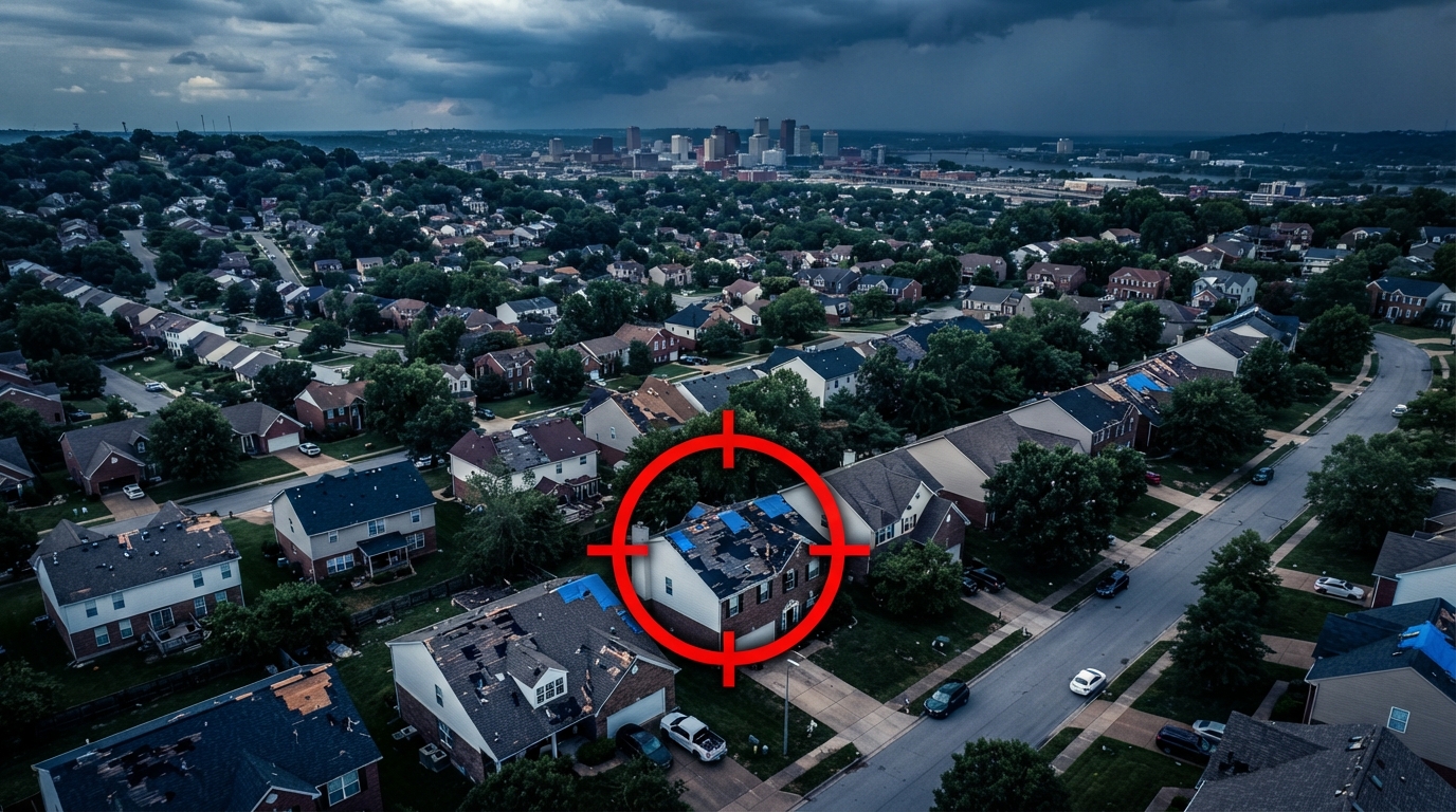 Aerial view of Louisville neighborhood roofs with storm damage inspection