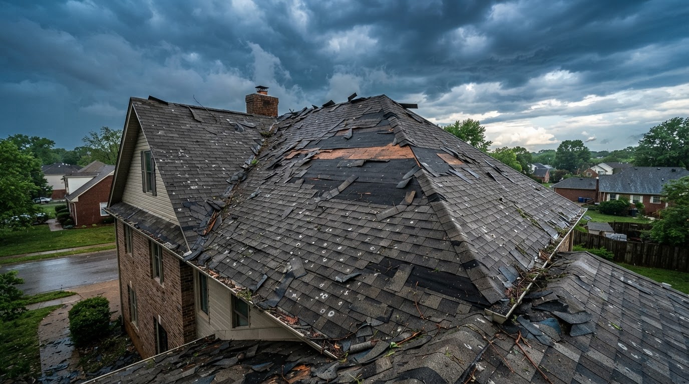 Storm-damaged residential roof in Louisville with missing and lifted shingles after severe thunderstorms