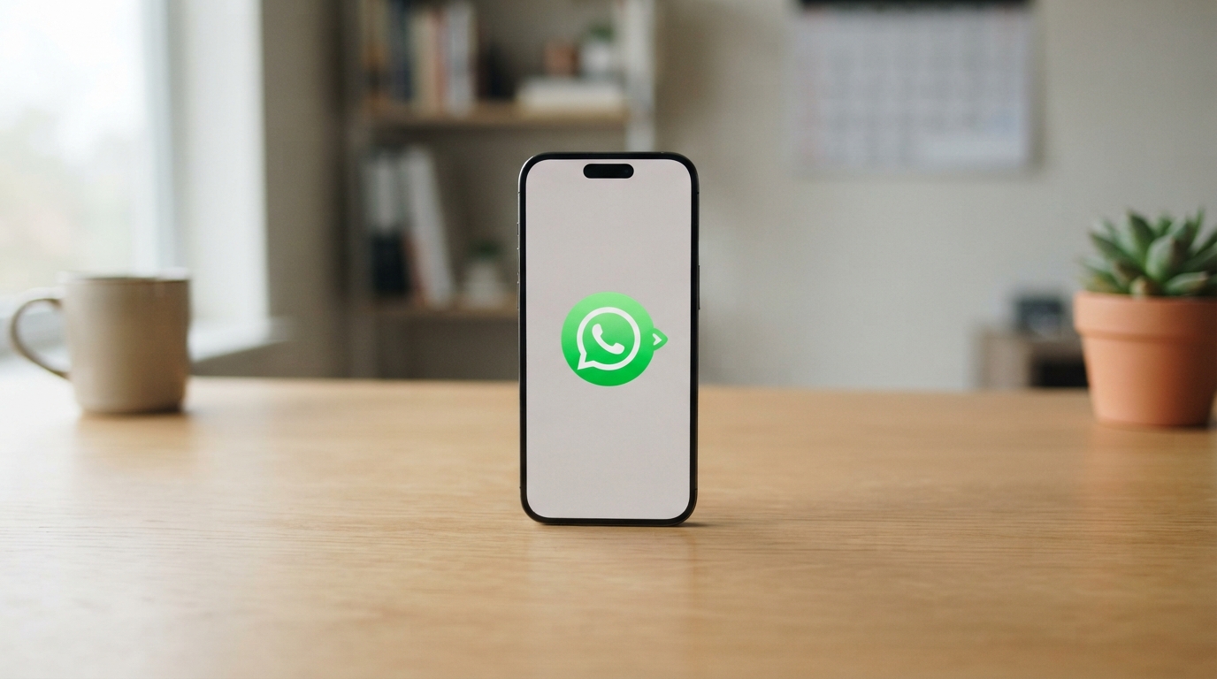 Smartphone showing WhatsApp chat icon on a desk for UAE WhatsApp marketing campaigns