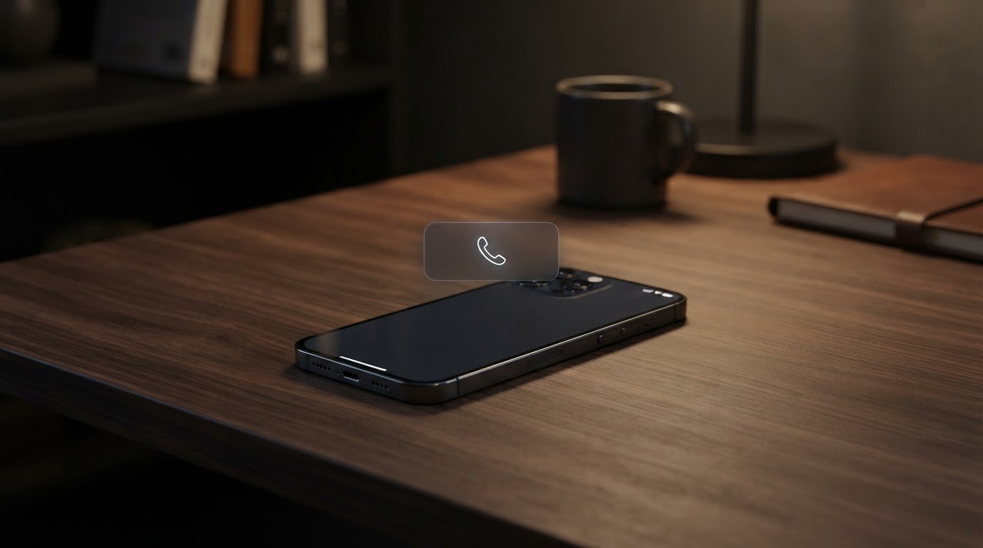 Smartphone on a desk showing a missed call notification with WhatsApp text back concept