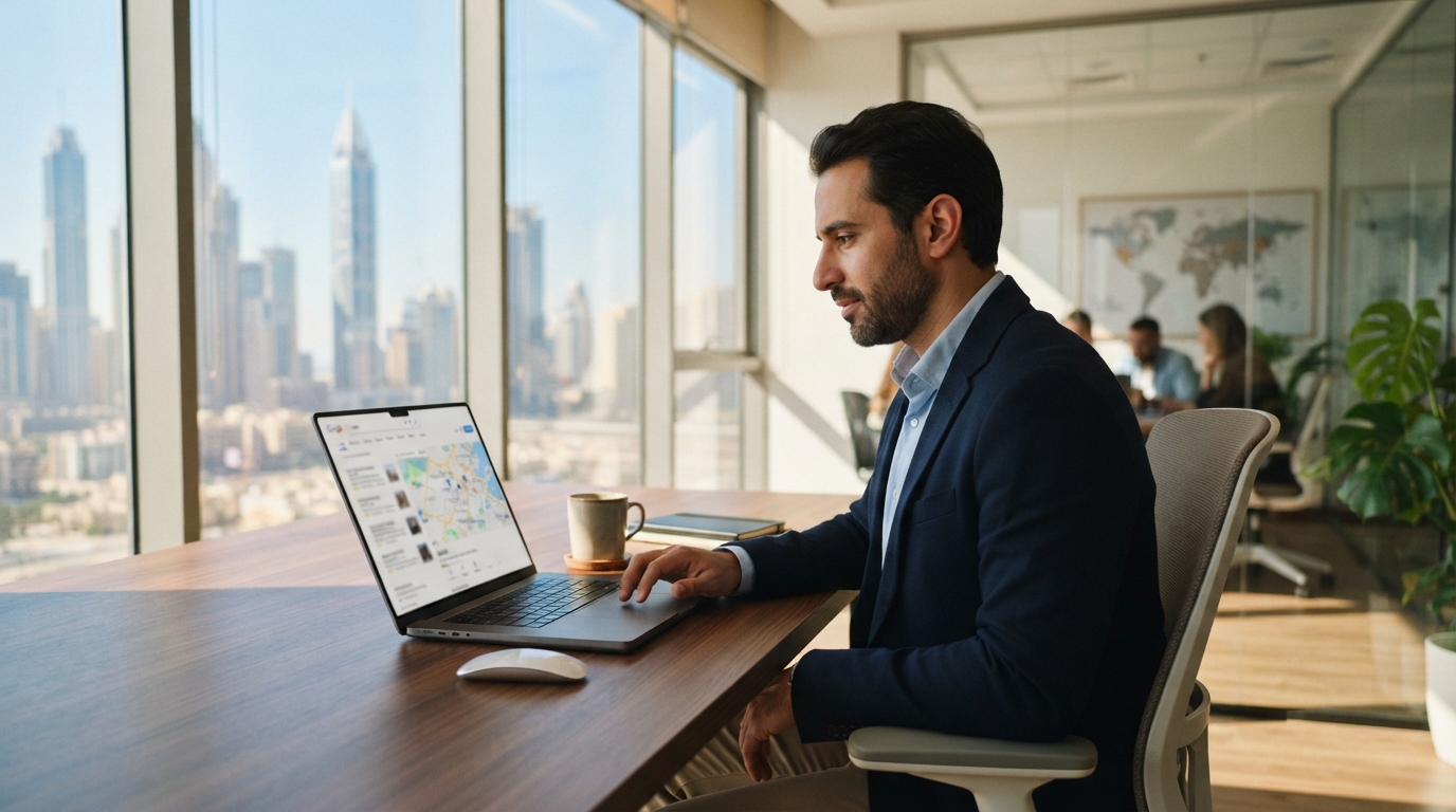 Business owner checking local SEO rankings on a laptop for Dubai website visibility