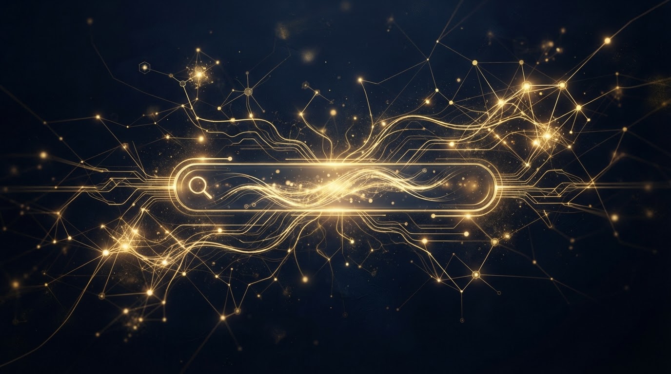 Glowing search bar with neural network connections representing AI search and local SEO
