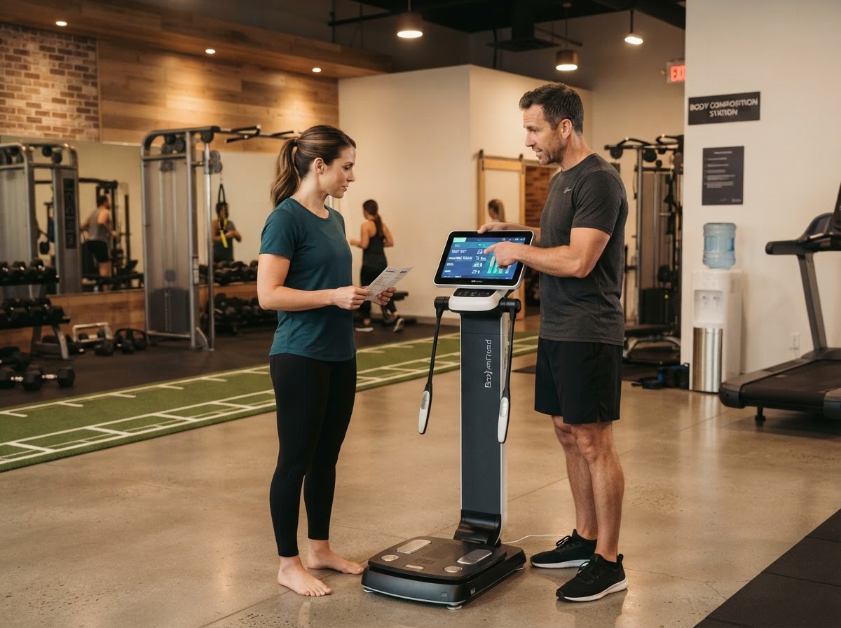 Trainer explaining InBody 380 scan result sheet to client