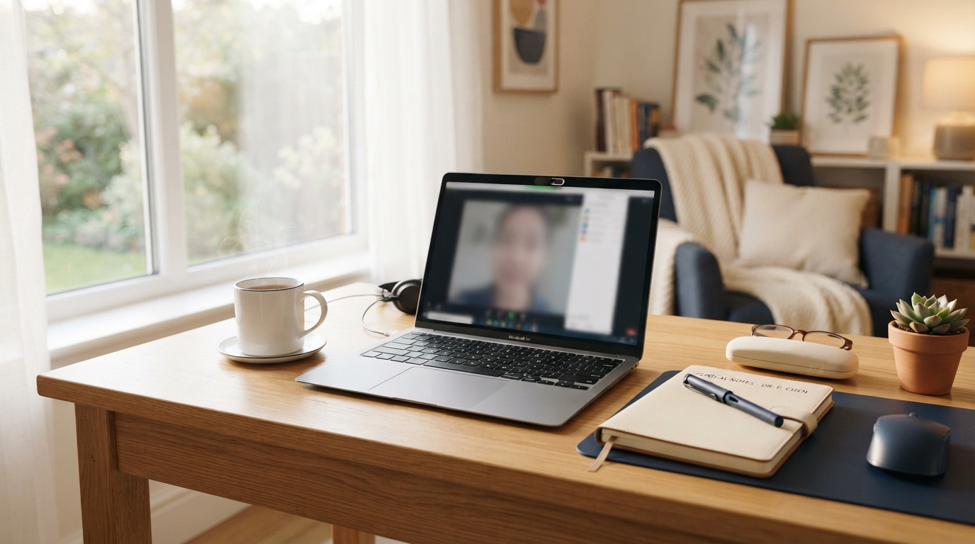 Laptop on desk for telemedicine consultation in warm home setting