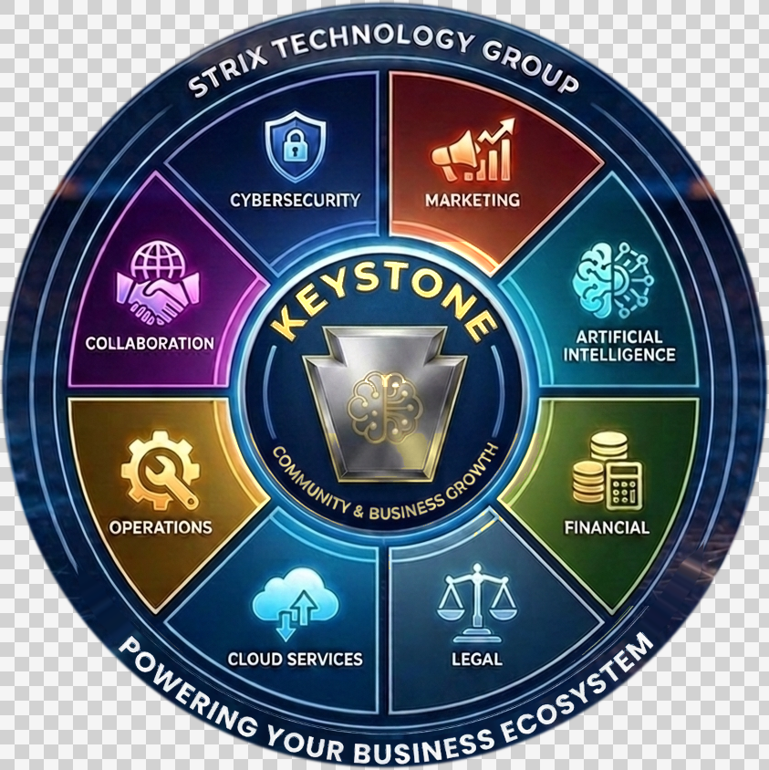 Strix Keystone Ecosystem Wheel showing 8 business pillars: Cybersecurity, Marketing, Artificial Intelligence, Financial, Legal, Cloud Services, Operations, and Collaboration surrounding the central Keystone Community hub
