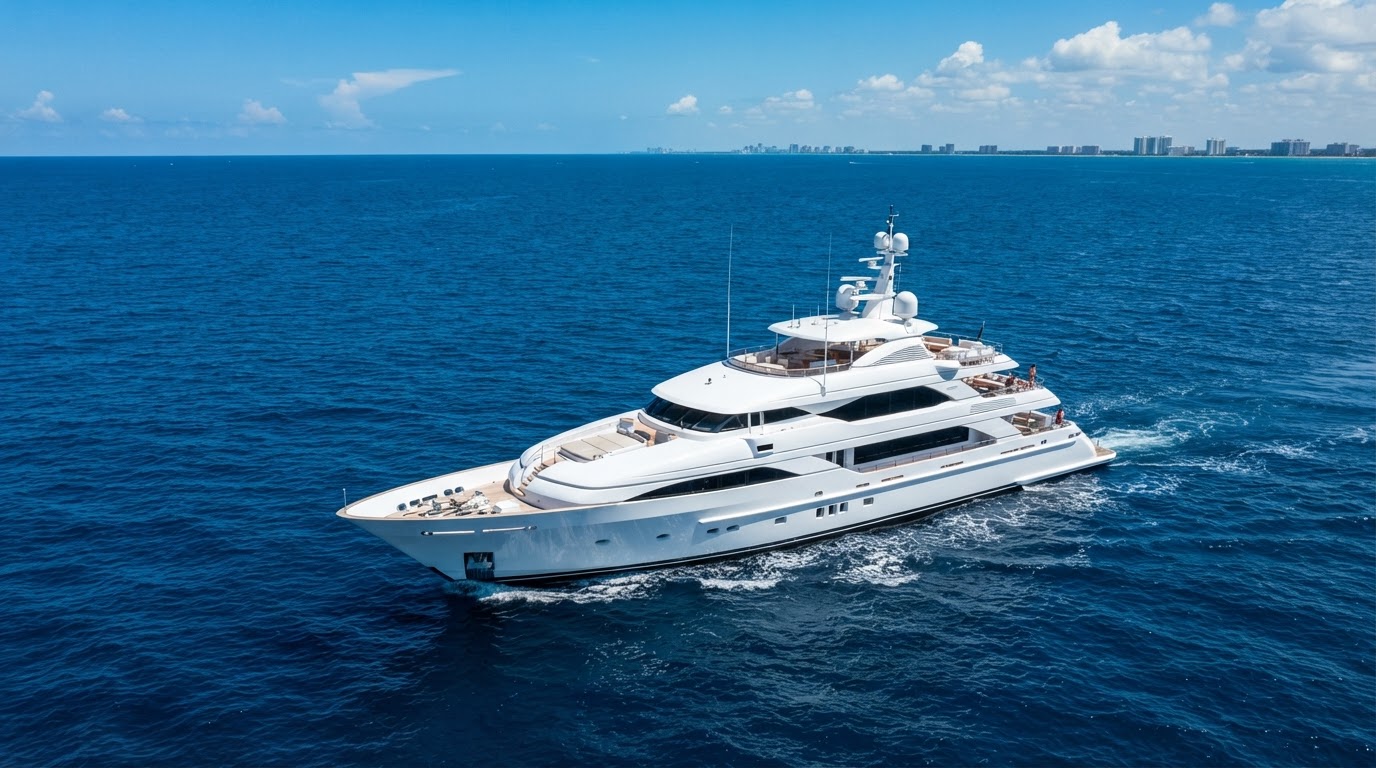 A clean white luxury motor yacht cruising offshore in the open ocean with global satellite internet coverage