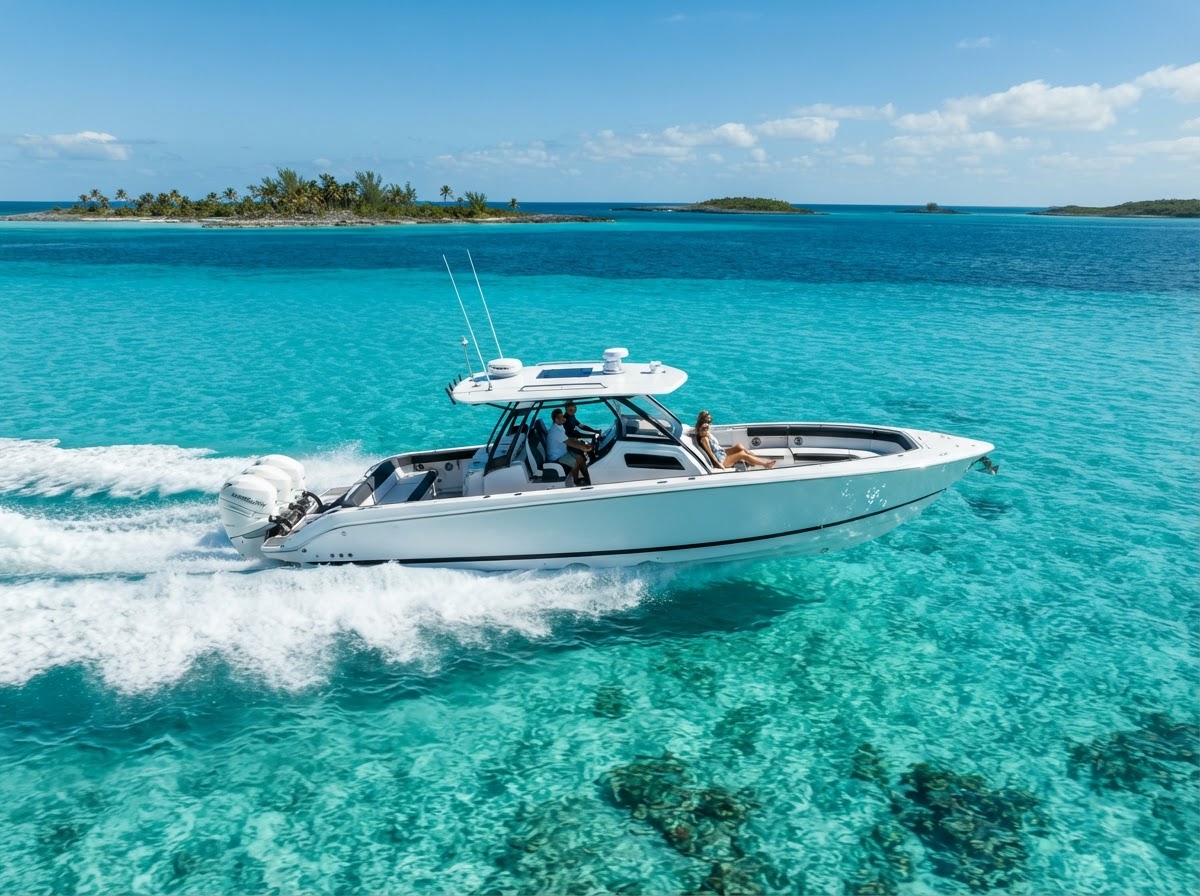 Nortech 2025 tender cruising through crystal clear Bahamas waters