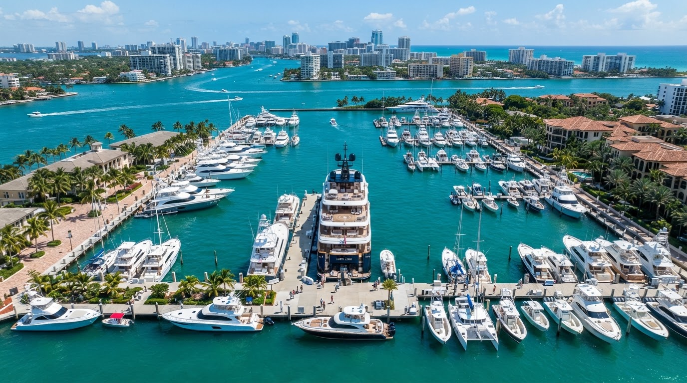Aerial view of a South Florida marina with a varied fleet of center consoles, sportfish yachts, motor yachts, and a superyacht, representing multi-vessel management on one Seaward Command platform