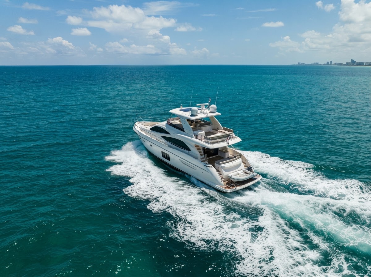 KVH marine satellite communications dome mounted on a luxury yacht radar arch, cruising offshore with the bow pointed forward