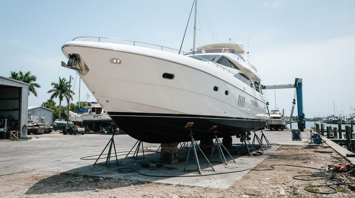 A 70ft-plus luxury motor yacht freshly hauled out at a South Florida boatyard with a clean, smooth black antifouling paint bottom free of barnacles and growth after BPS Marine ultrasonic antifouling