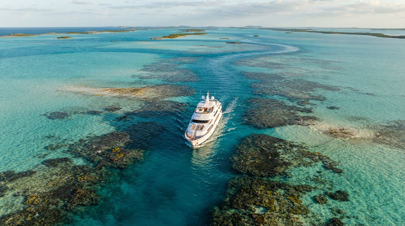 Aerial view of a luxury motor yacht threading carefully through a shallow turquoise reef pass with coral and sandbars visible just below the surface