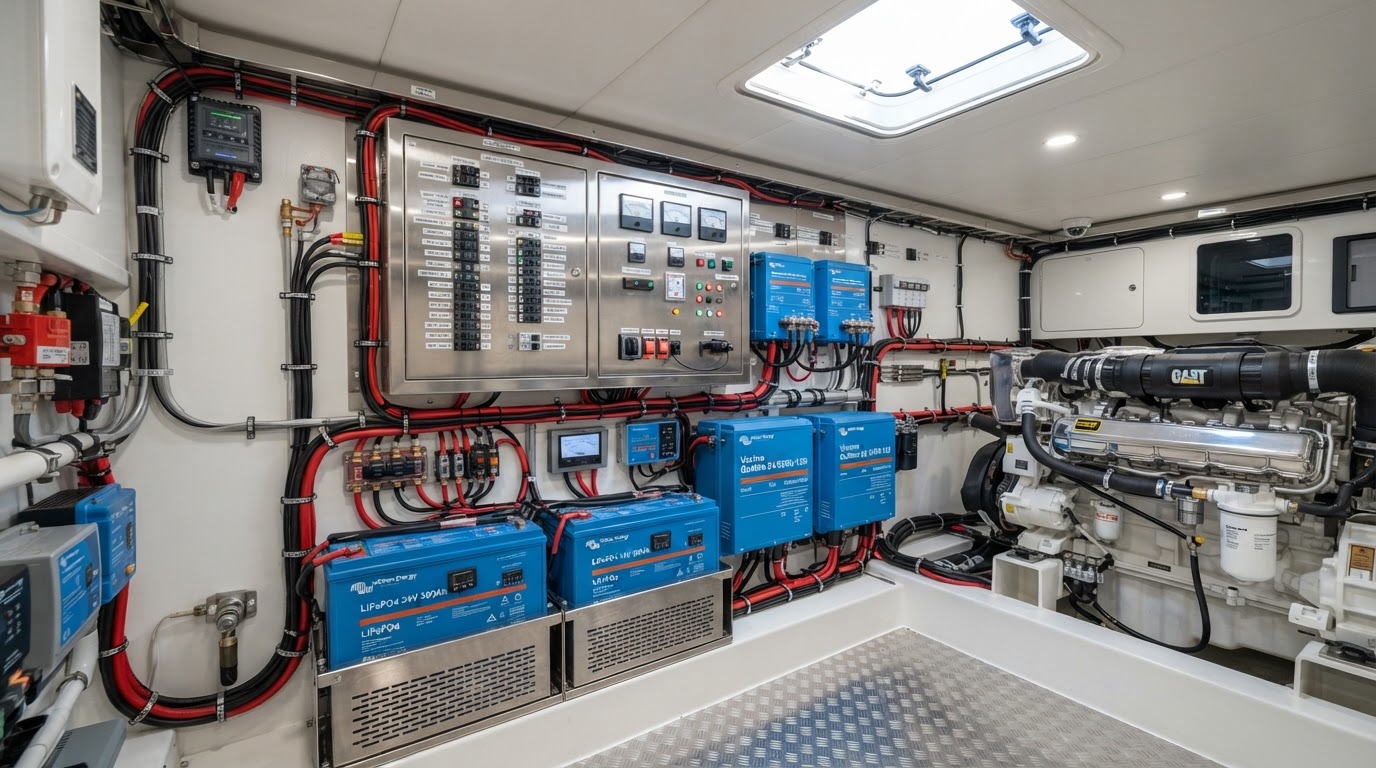 Yacht engine room with marine electrical distribution panels and battery banks