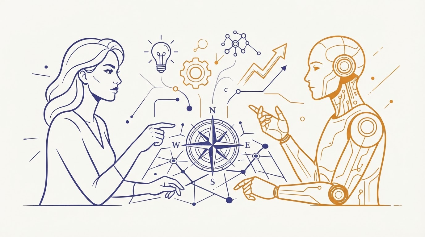 Two figures collaborating across a compass and map — human-AI orientation