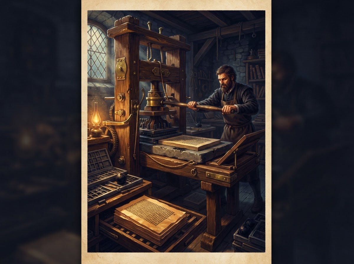 Dramatic illustration of a historic Gutenberg-era printing press with freshly printed pages in warm amber light