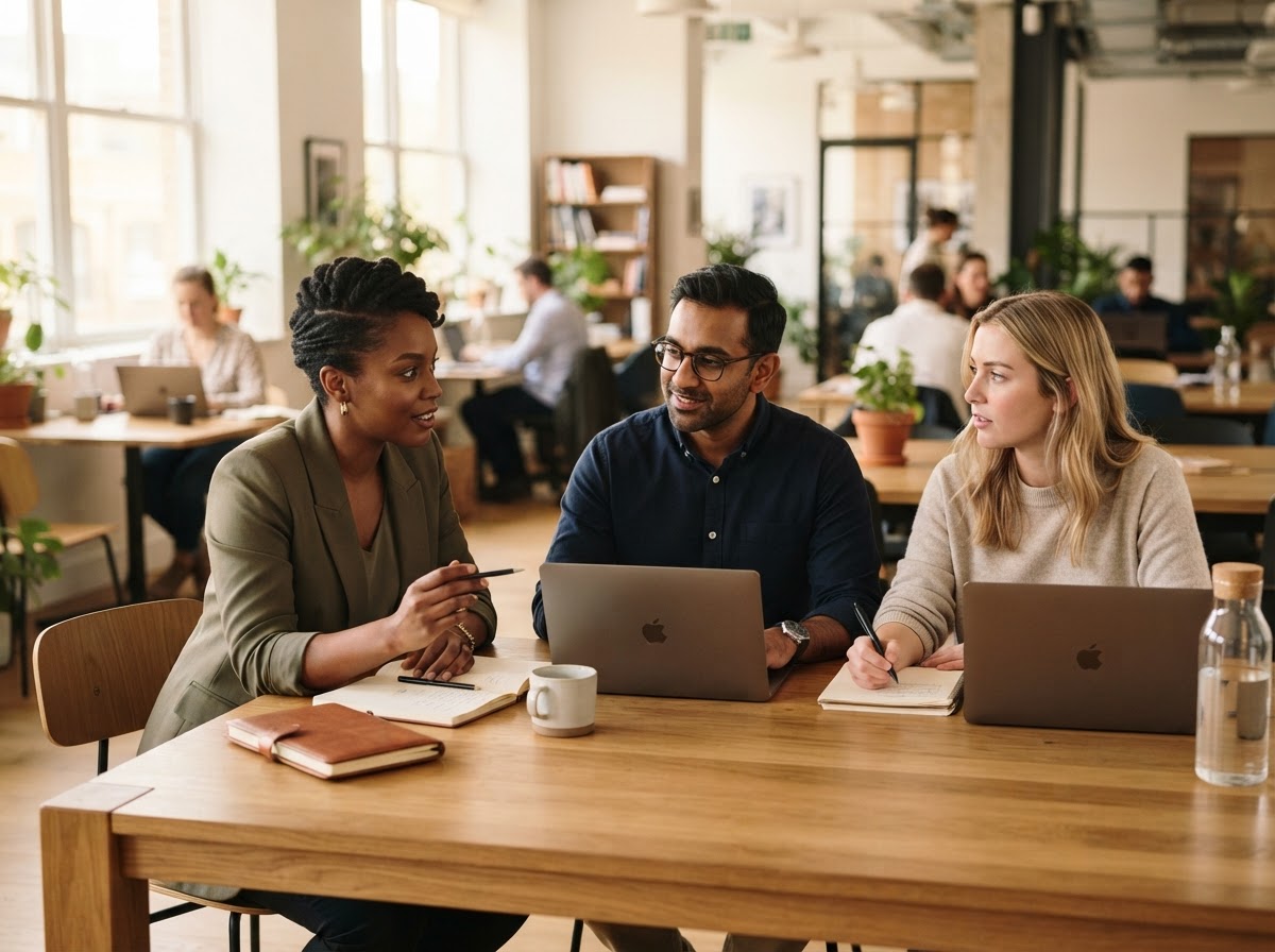 Three diverse professionals collaborating thoughtfully around a table with laptops and notebooks in a bright modern workspace