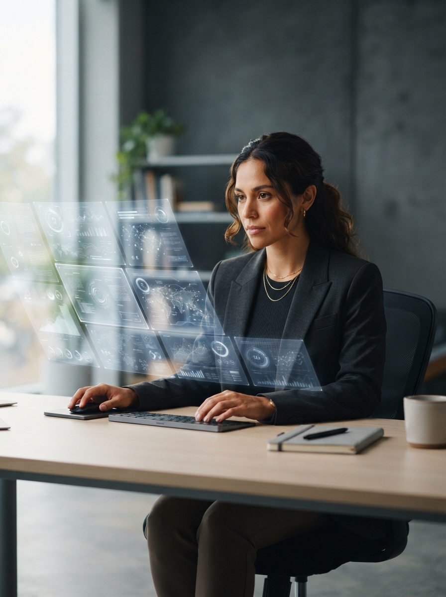 A Hispanic woman working with focus at a minimalist desk surrounded by floating translucent screens, representing clarity and decision-making in the age of AI
