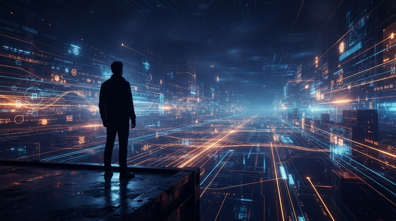 Abstract cinematic visual of a person standing at the edge of a vast digital landscape, representing orientation and direction in a fast-changing world