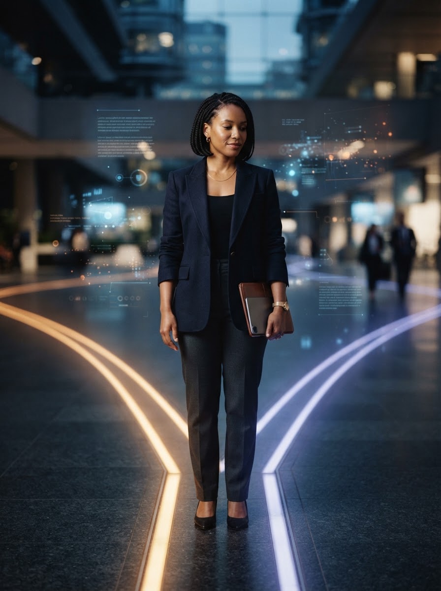 Cinematic 35mm photograph of an African American woman standing thoughtfully at a crossroads of diverging illuminated paths surrounded by floating holographic data, representing the challenge of choosing direction in the age of AI