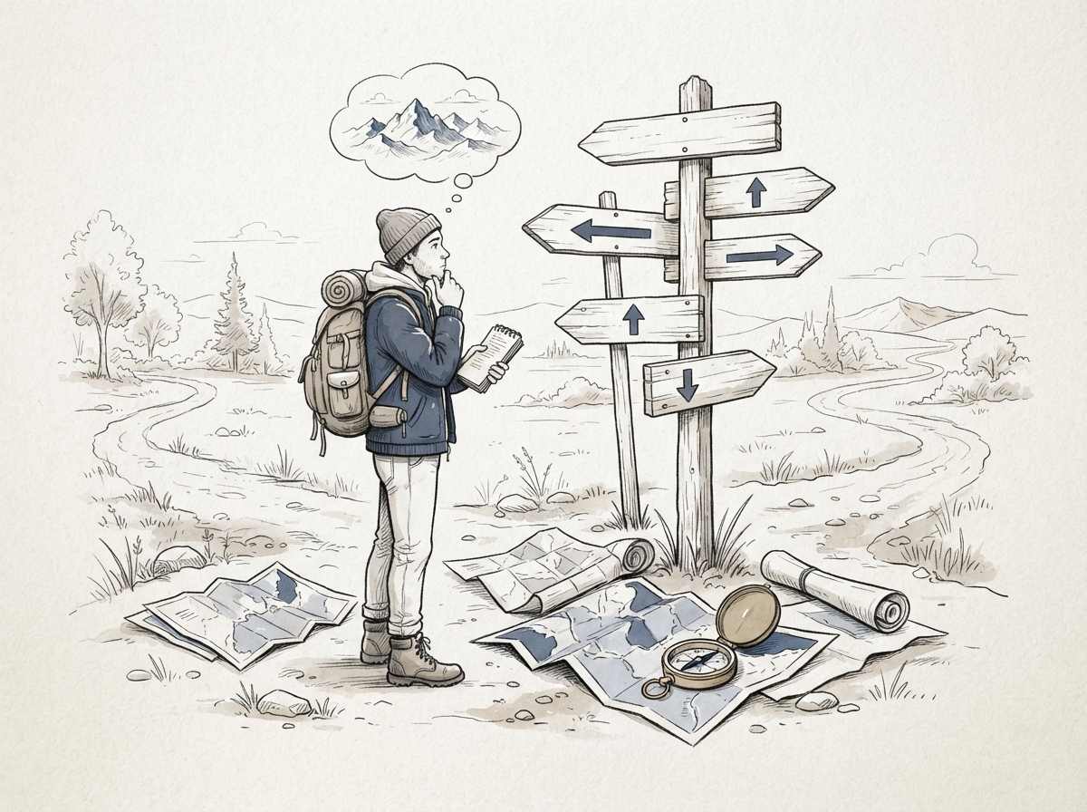 Hand-drawn illustration of a traveler with a backpack standing at a crossroads with multiple signposts, surrounded by stacks of maps, a compass, and a thought bubble showing distant mountains — representing the challenge of finding direction when you have too much information but no clear path forward