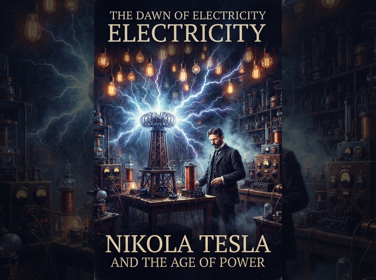 Dramatic illustration of early electricity with glowing vintage bulbs and crackling electric arcs