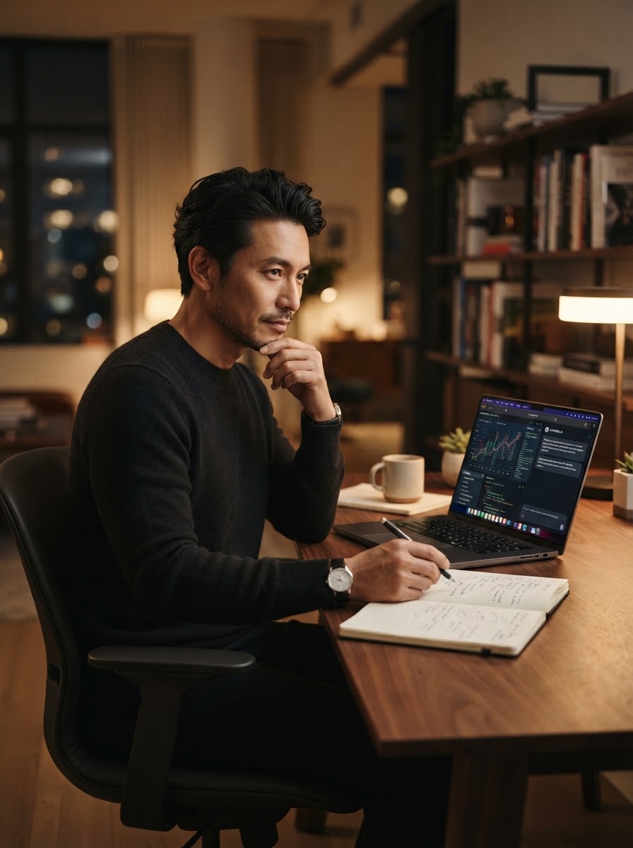 A confident Asian man deep in thought at a sleek desk collaborating with AI, representing learning and adaptation in a modern world