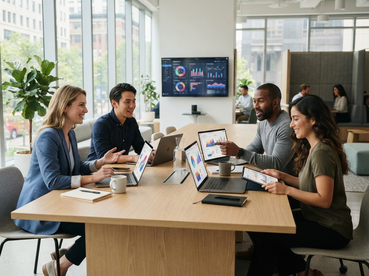 A diverse group of four professionals collaborating around a modern table with laptops and abstract data visualizations, representing human-AI collaboration
