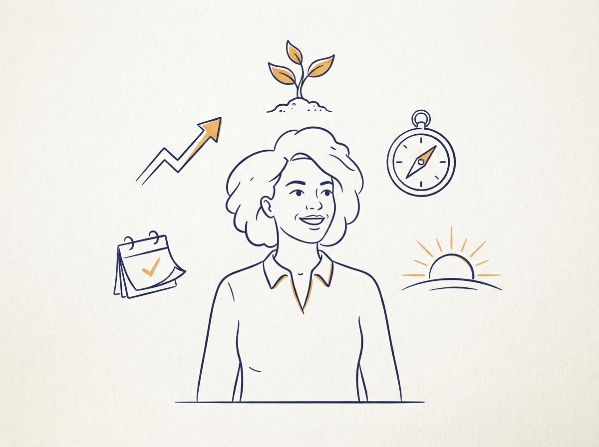 Hand-drawn illustration of a confident woman looking forward, full face visible, surrounded by sketched icons of growth, time and direction