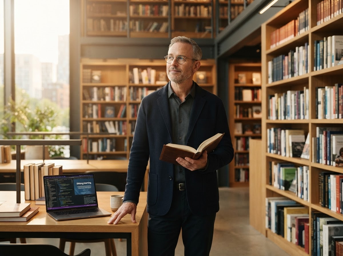 A thoughtful white man in his fifties with glasses in a modern library space, representing wisdom and lifelong learning in the age of AI