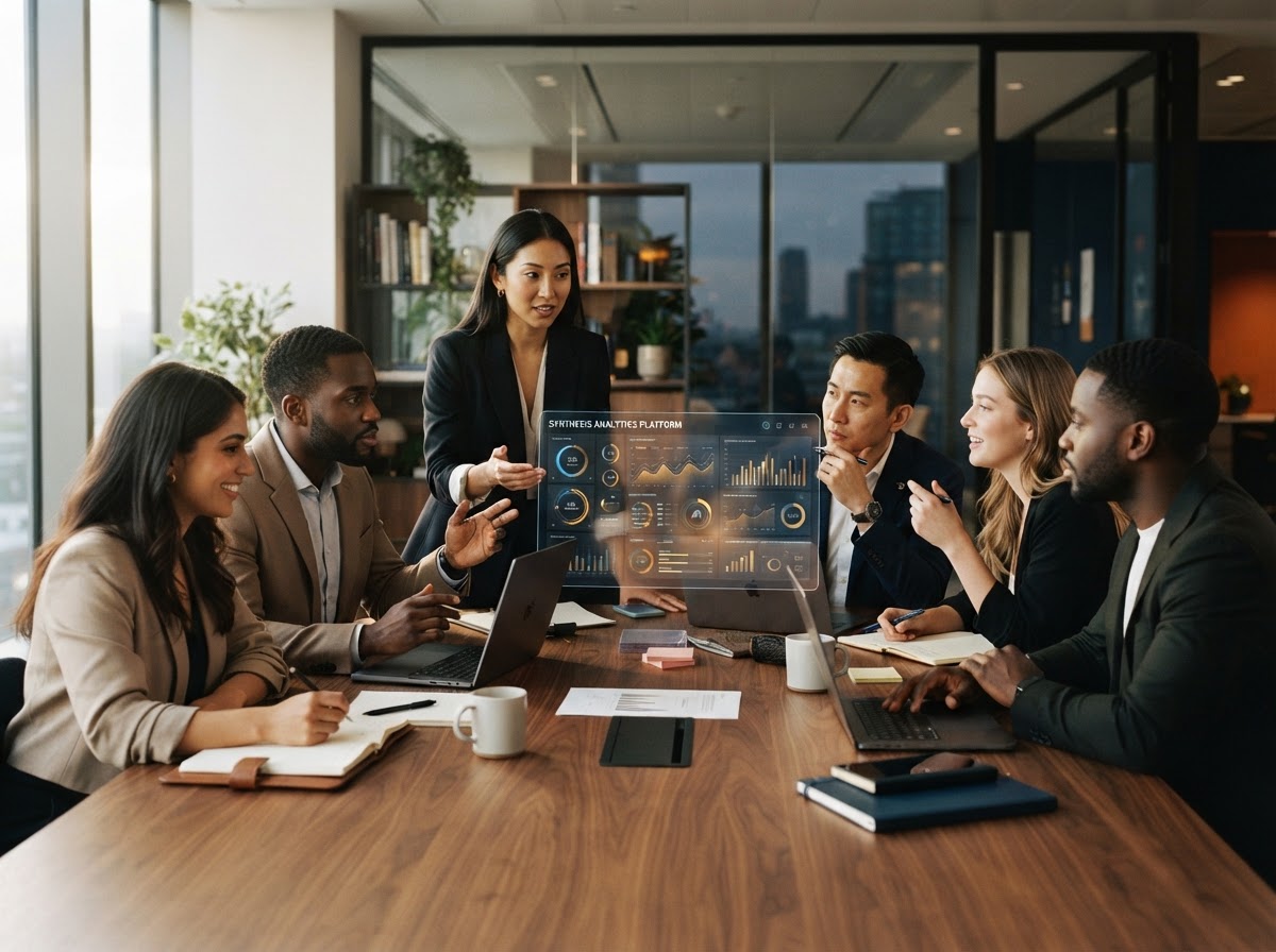 A diverse team of modern professionals collaborating thoughtfully around a table with laptops and translucent AI data screens