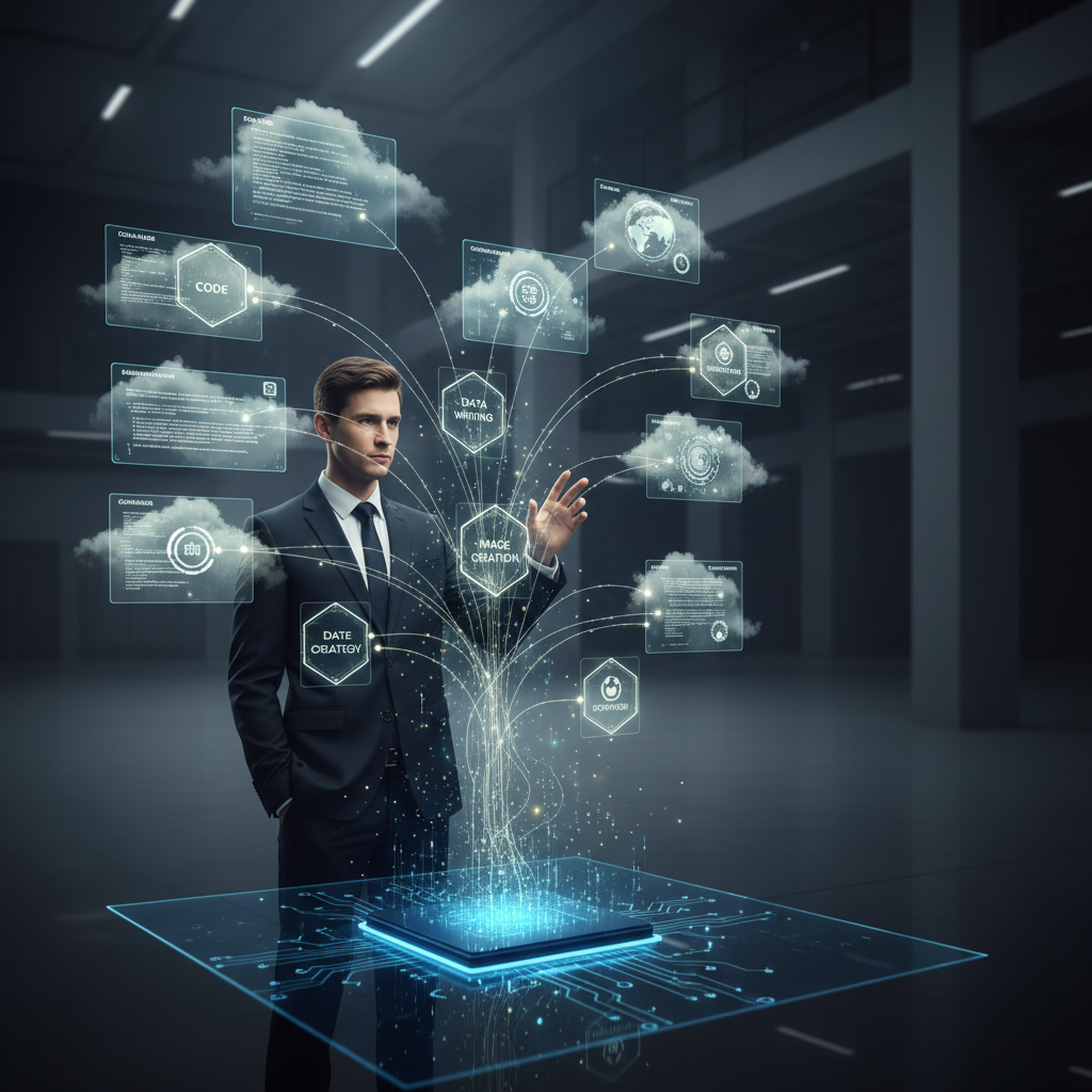 A confident professional interacting with holographic AI interfaces, representing the Human-AI Operating System concept