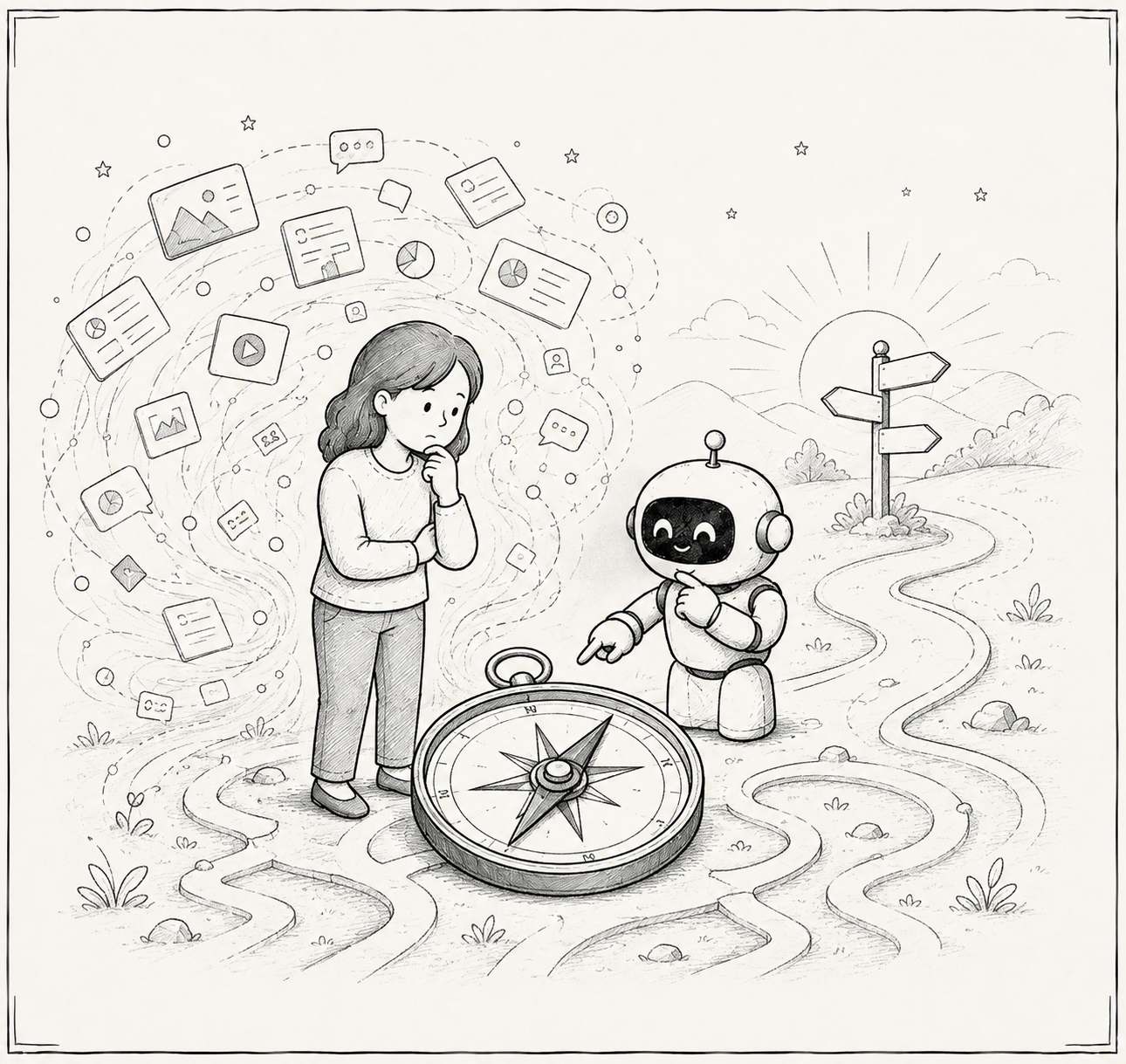 Hand-drawn illustration of a thoughtful person and an AI companion standing at a compass crossroads, surrounded by floating documents and icons representing information overload and the need for orientation