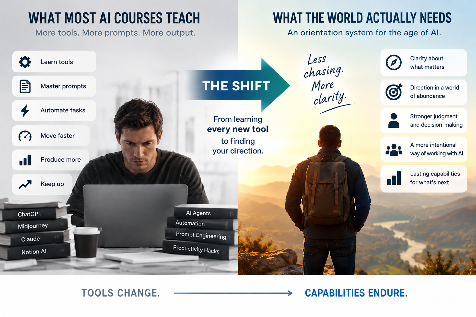 What Most AI Courses Teach vs What The World Actually Needs — The Shift Diagram