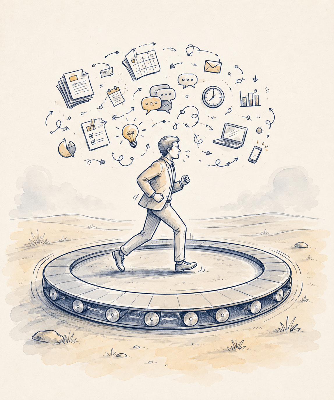 Hand-drawn illustration of a professional running on a hamster wheel surrounded by floating information overload icons — documents, messages, charts, clocks, and devices — representing the feeling of working harder than ever just to stay in the same place