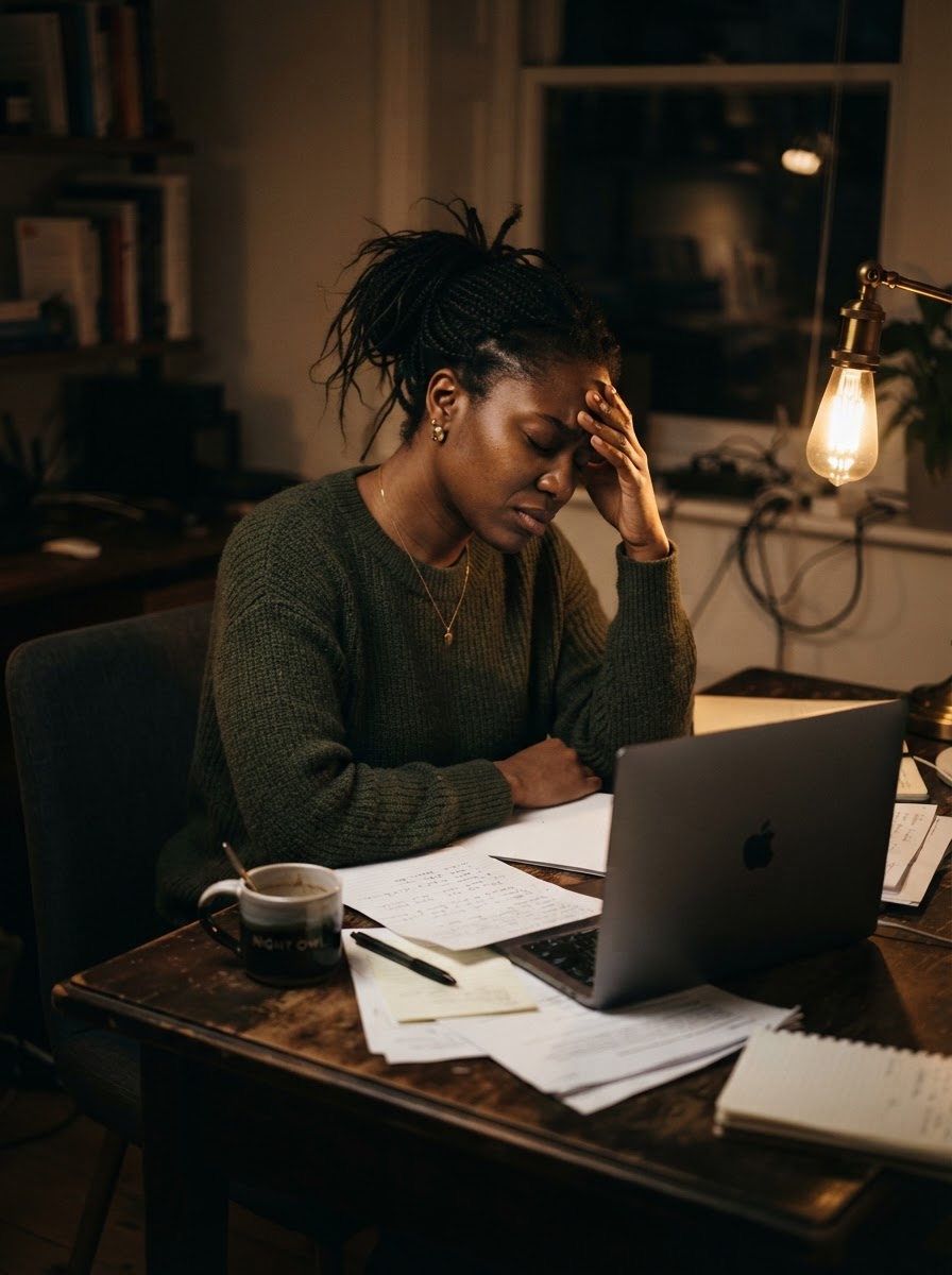 An aspiring author feeling stuck at her desk late at night