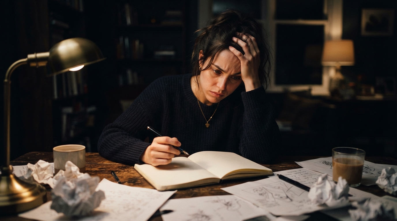 A writer staring at a blank page late at night, surrounded by crumpled notes — the emotional weight of being stuck