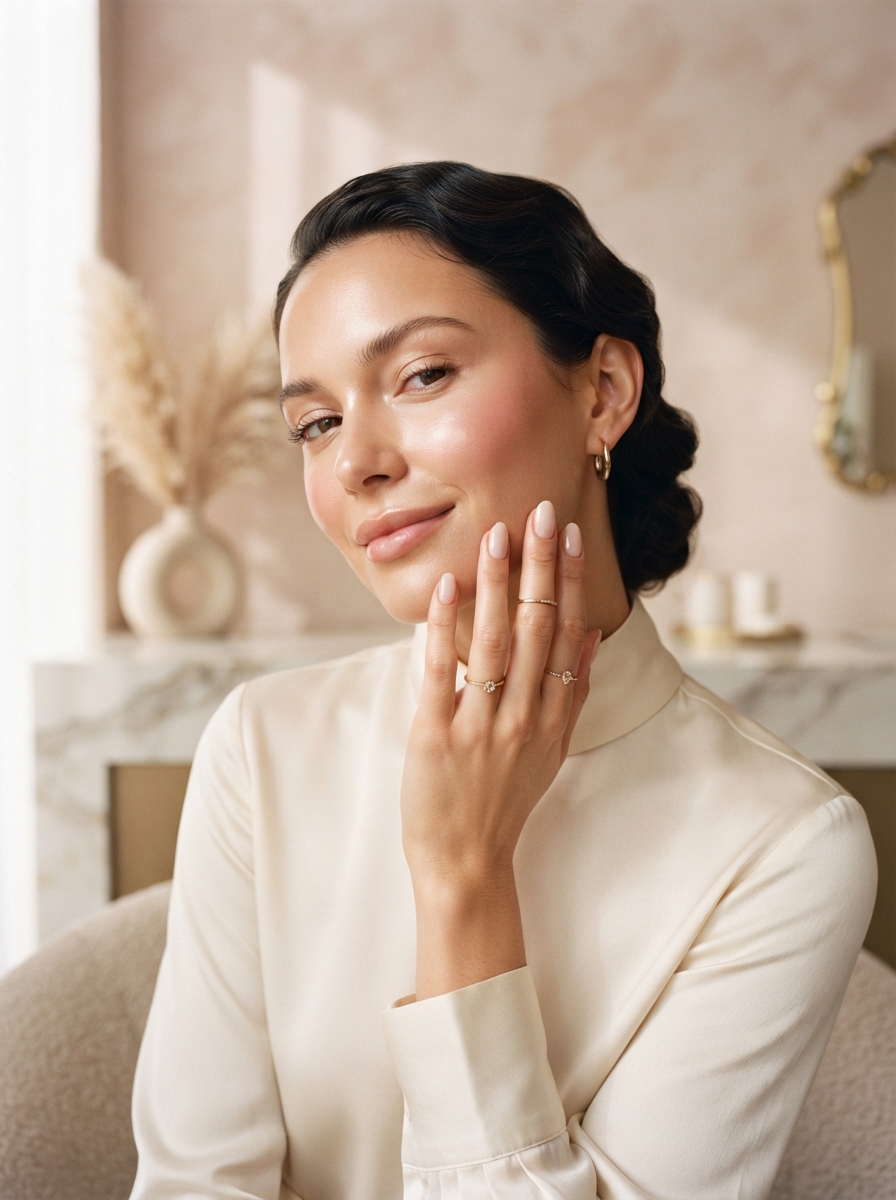 Woman with elegant manicured nails in warm ivory tones at BOSS BABE beauty med spa