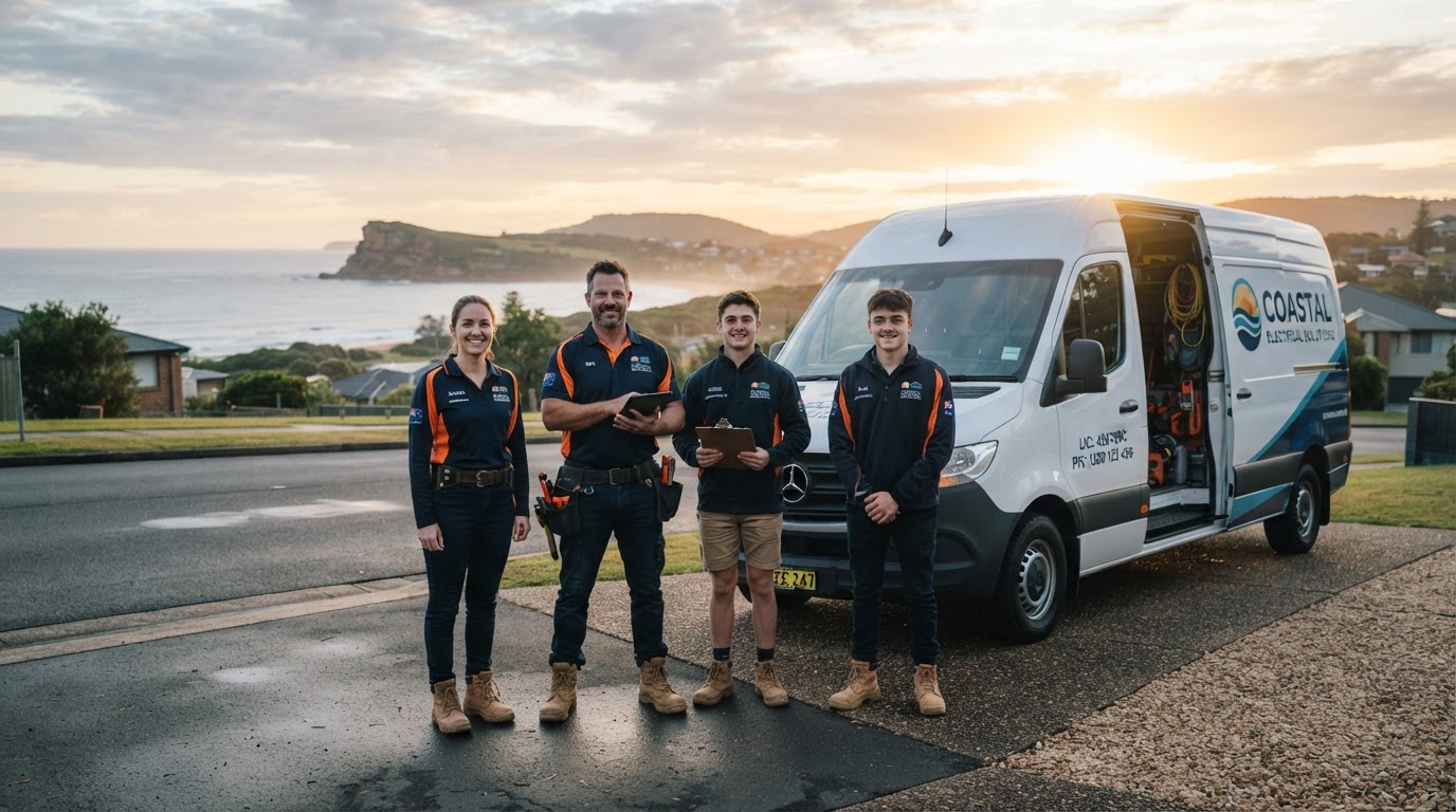 Dial A Tradie professional Central Coast tradie team standing in front of branded service van at dawn