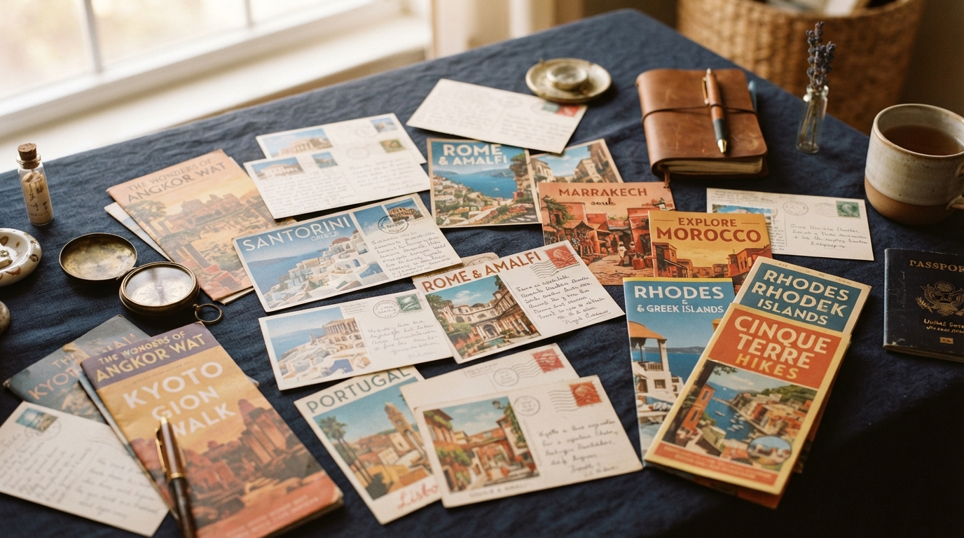 Saved travel postcards and brochures
